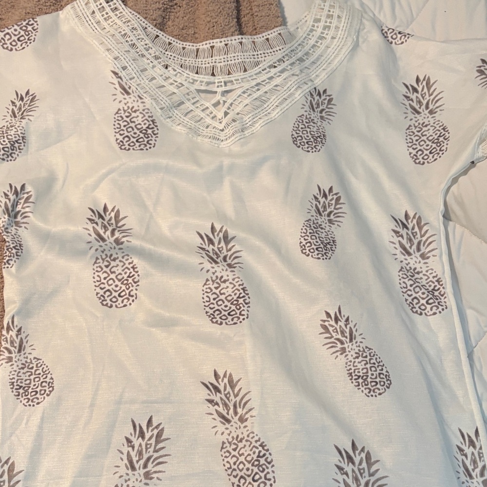 Chic White Pineapple Print Blouse/dress/swimsuit coverup